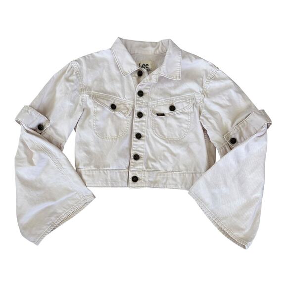 Upcycled Bell Sleeve Denim Cropped Jacket Minimalist Edgy Streetwear Cream S - Picture 14 of 14